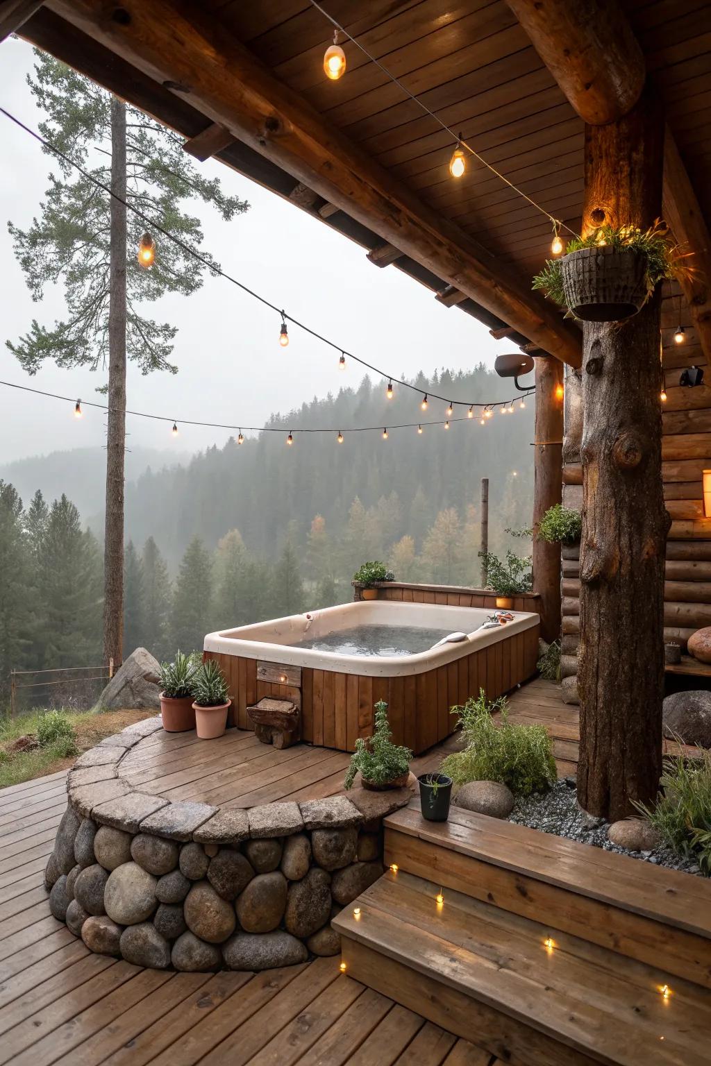A rustic jacuzzi retreat with warm wood and natural textures