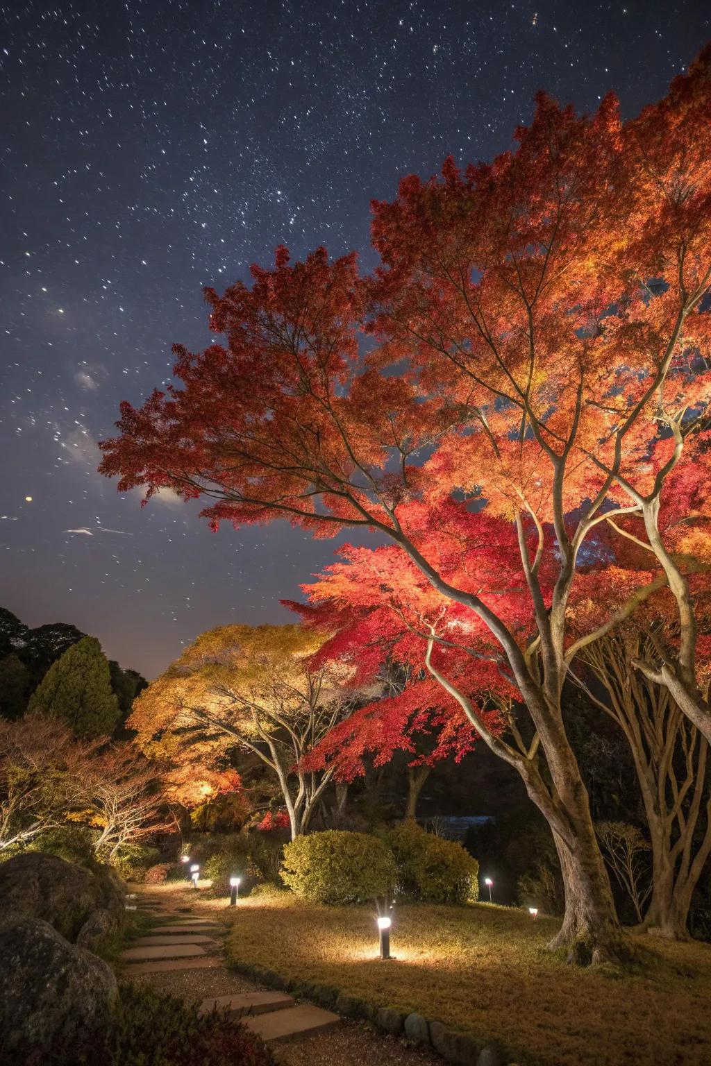 Transform your garden at night with illuminated Japanese maples.