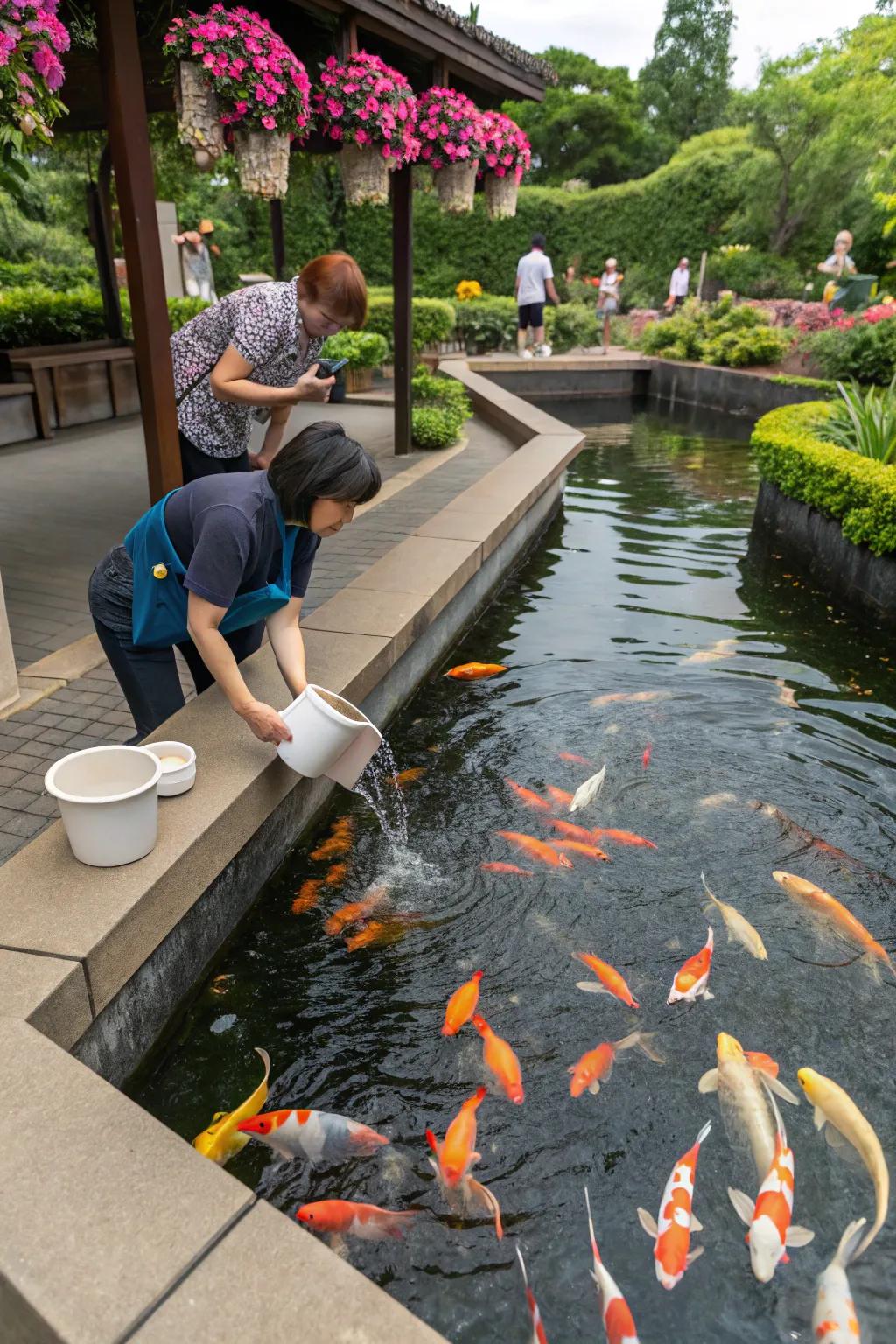 Interactive features making a koi pond more engaging and fun.