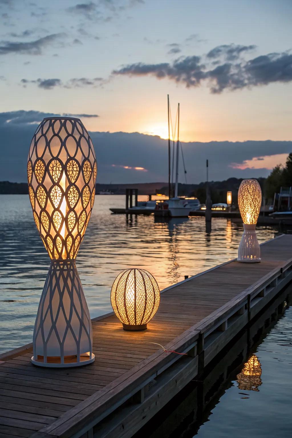 Lighting sculptures add a touch of artistry and uniqueness to this dockside setting.
