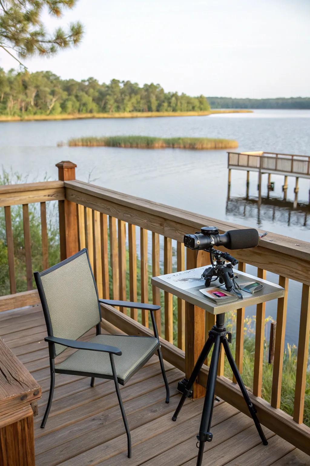 A bird watching station on a deck, perfect for nature lovers.