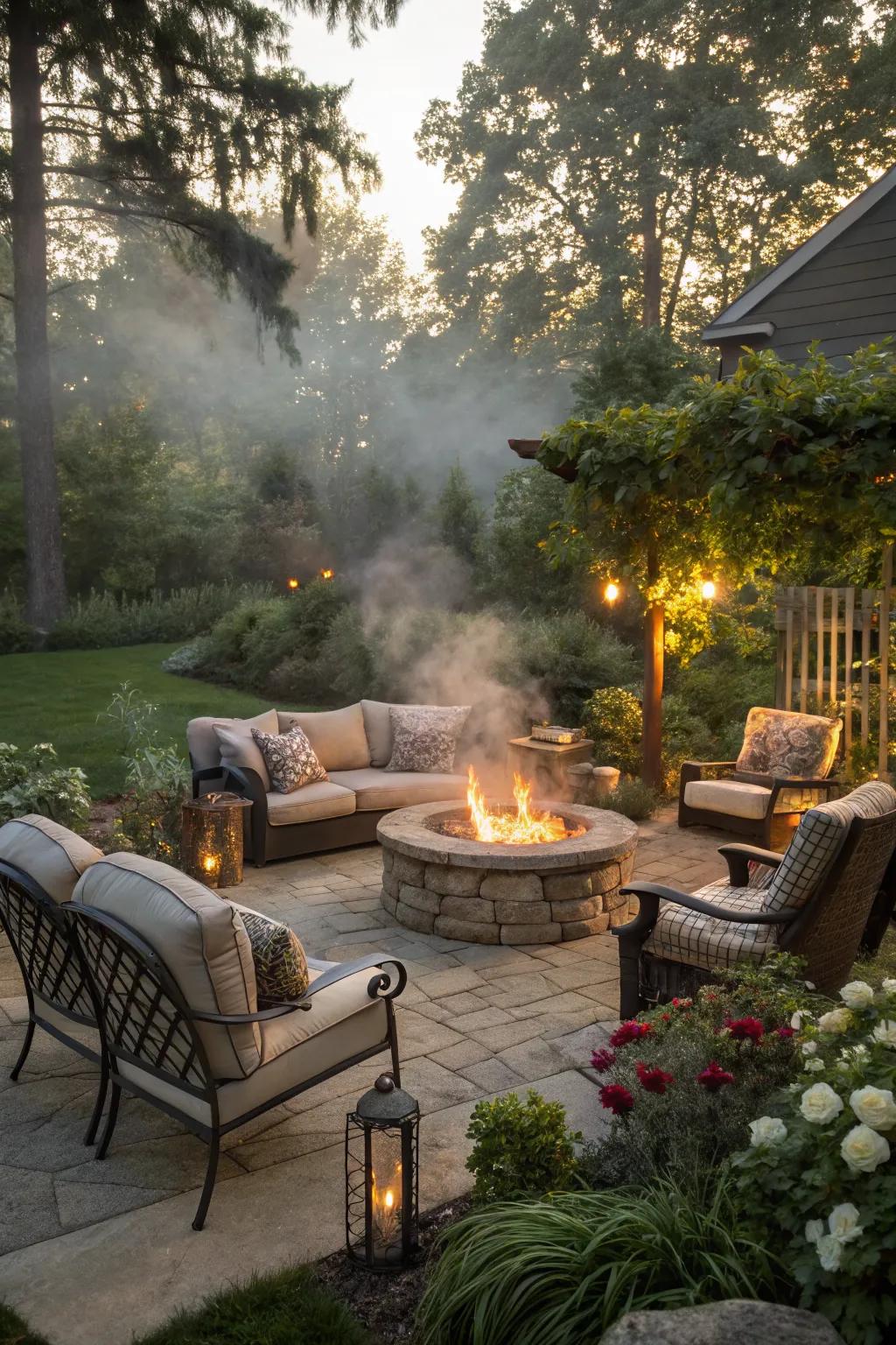A fire pit creating a warm, inviting atmosphere in the garden.