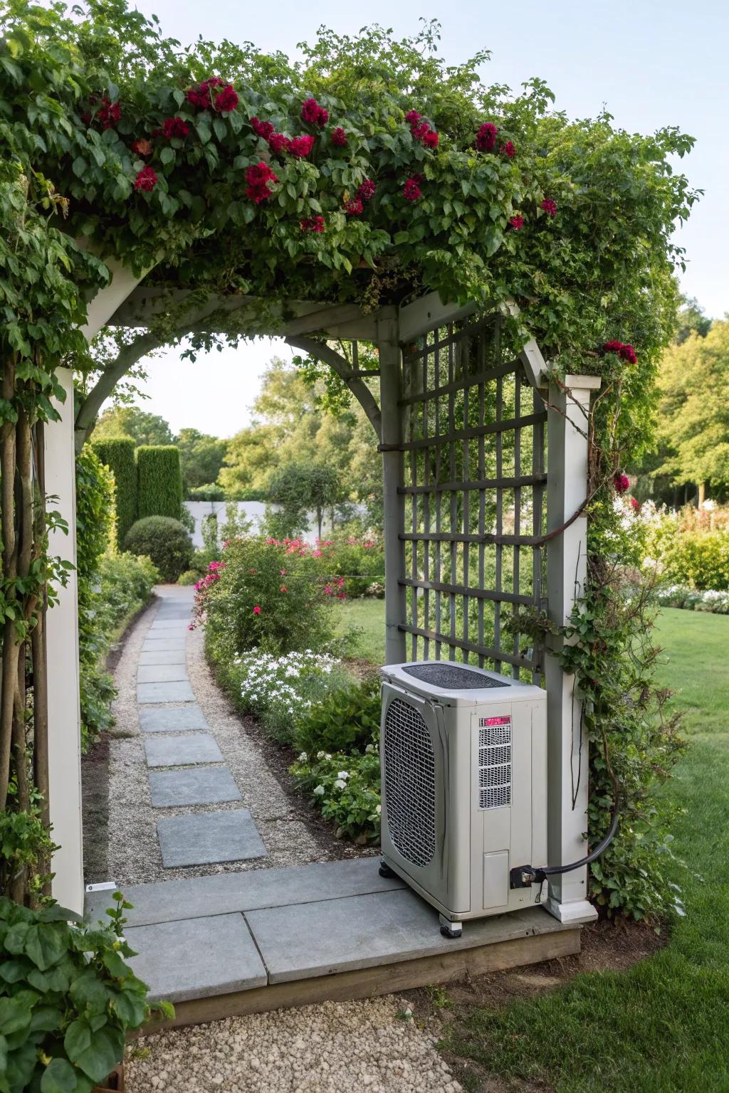 A charming arbor adding elegance and framing an AC unit beautifully.