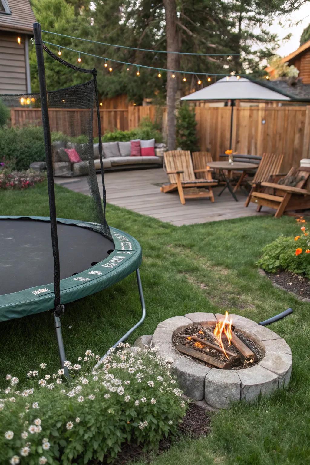 A fire pit adds warmth and a gathering spot for evening fun.