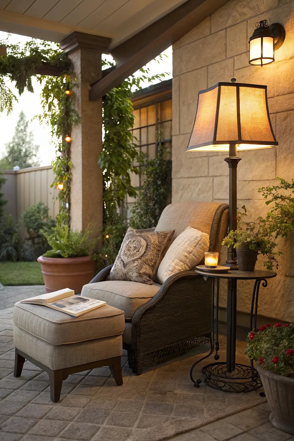 An outdoor reading nook offers a peaceful escape on the patio.