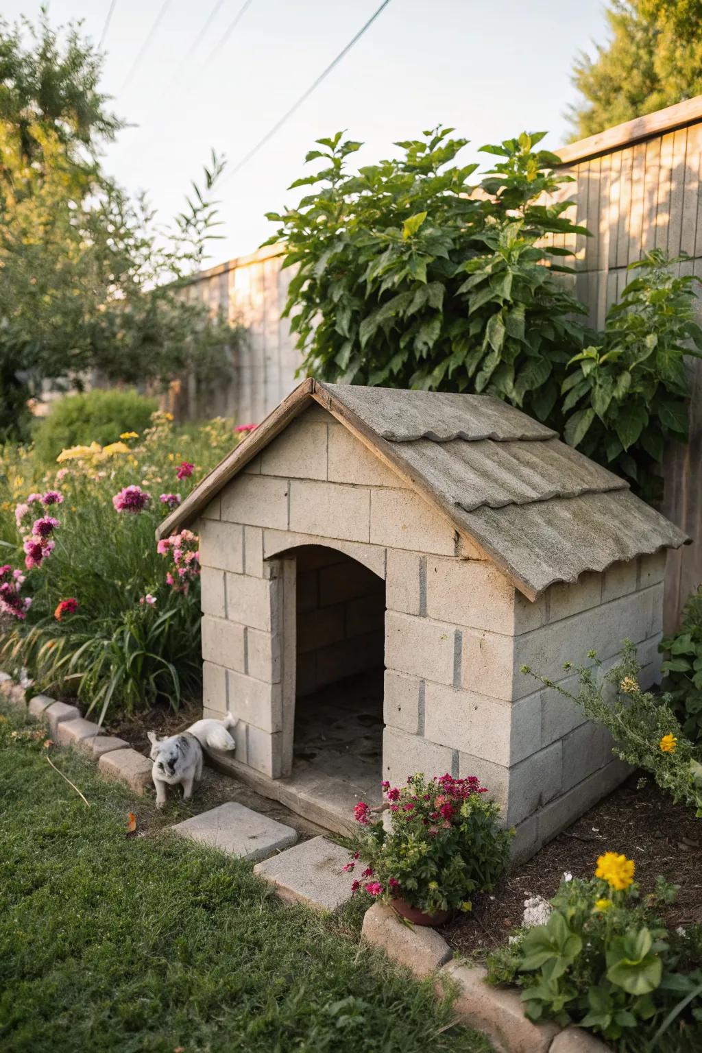 A cozy pet shelter using cinder blocks.