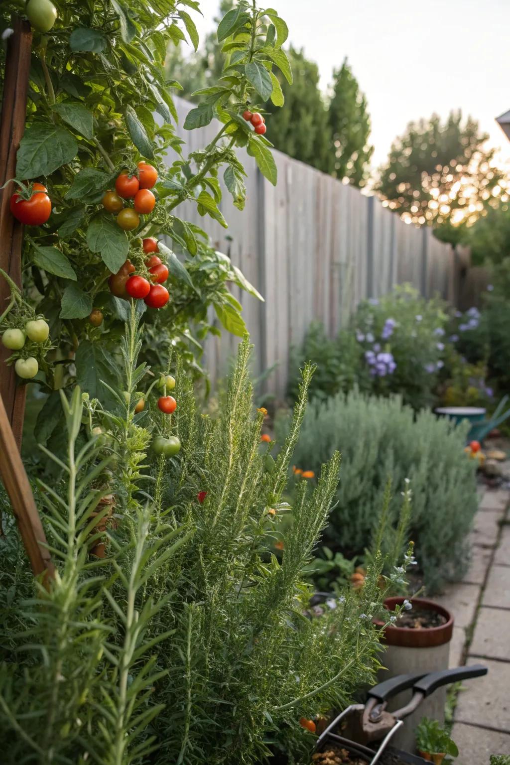 A productive garden with rosemary and edible plants.