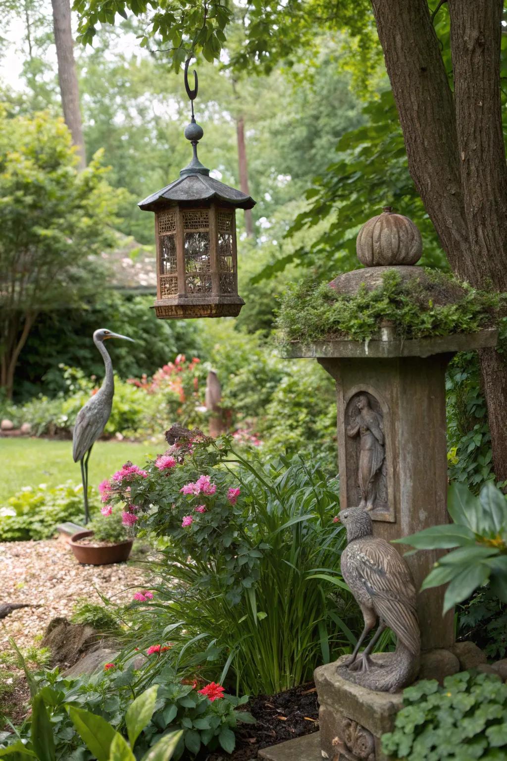 Artistic garden sculptures add flair and intrigue to the bird feeder area.