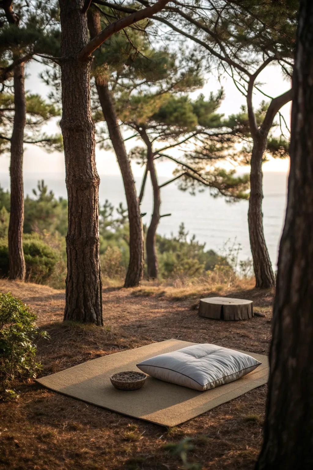 A meditation spot under pines offers peace and solitude.