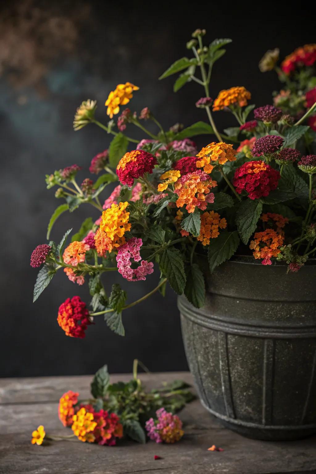 Lantanas used in a container garden with the thriller, filler, spiller method.