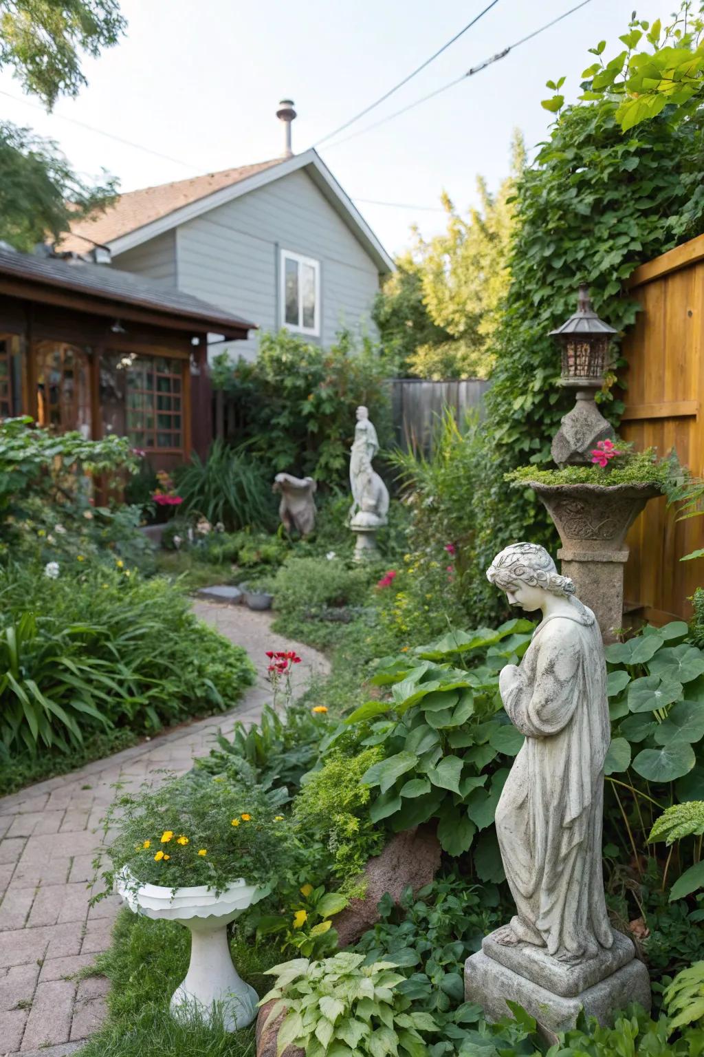 A sculpture garden adds artistic flair and intrigue to your backyard.