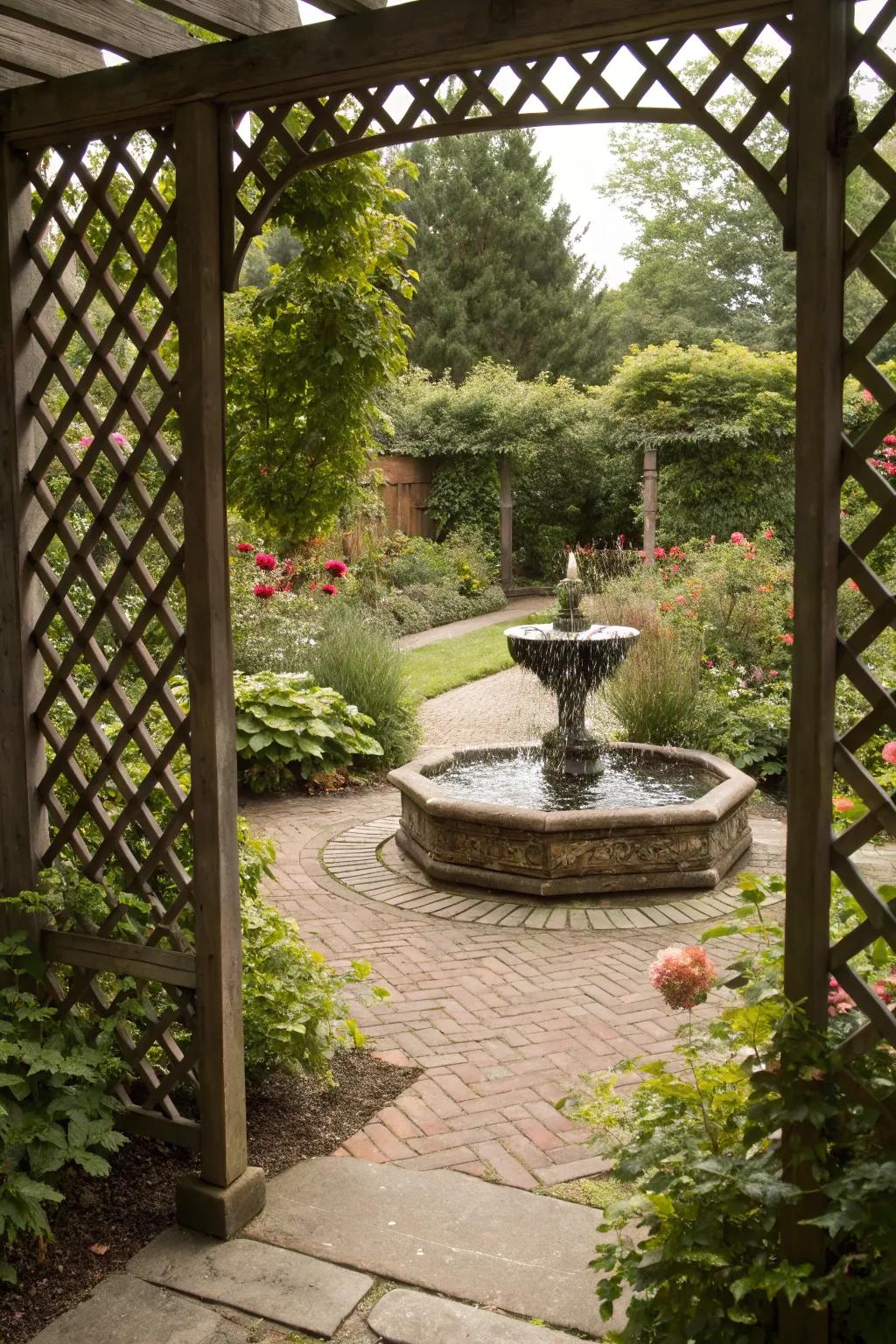 A tranquil water feature framed by lattice, adding elegance to the garden.