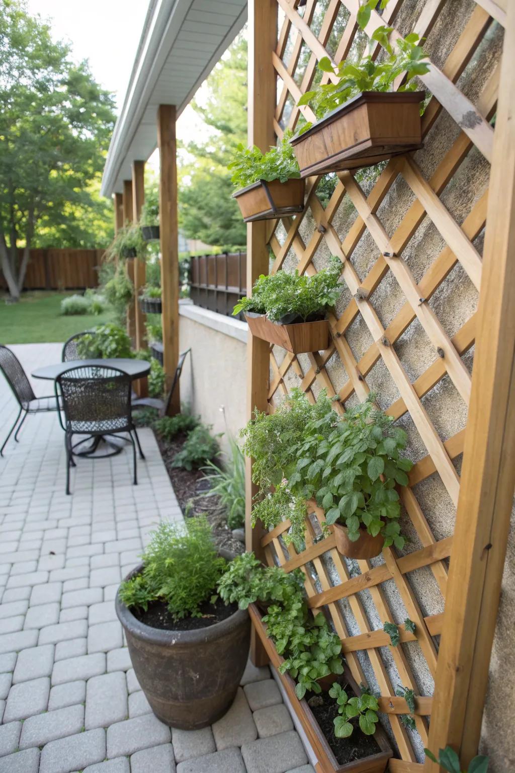 Mini herb gardens on lattice walls offer fresh flavors right on the patio.