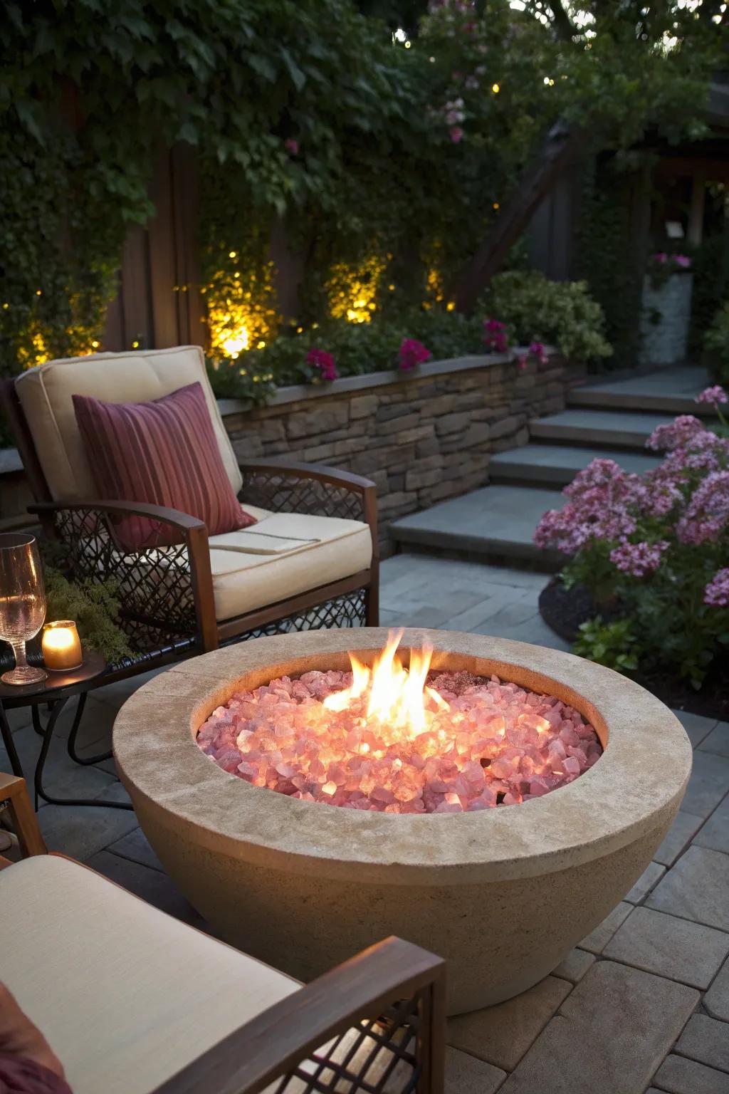 Rose-colored lava glass setting a romantic mood in a fire pit.
