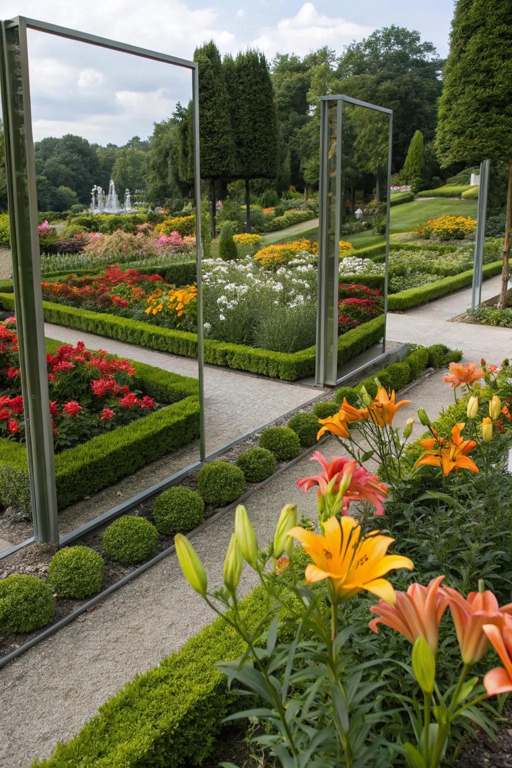 Reflective surfaces expanding the lily garden.