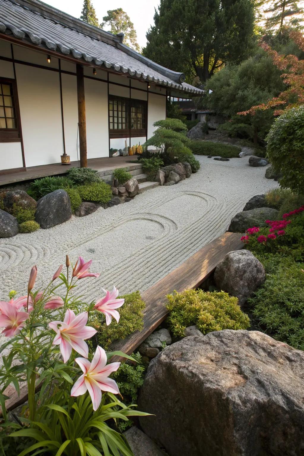 Lilies in a Zen garden for peace and color