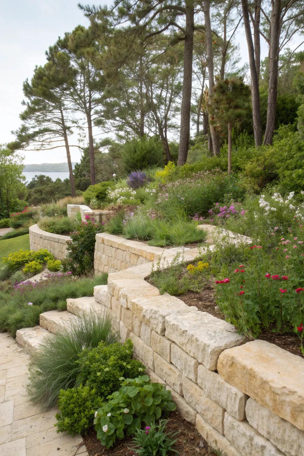 Sustainable limestone walls support eco-friendly gardening.