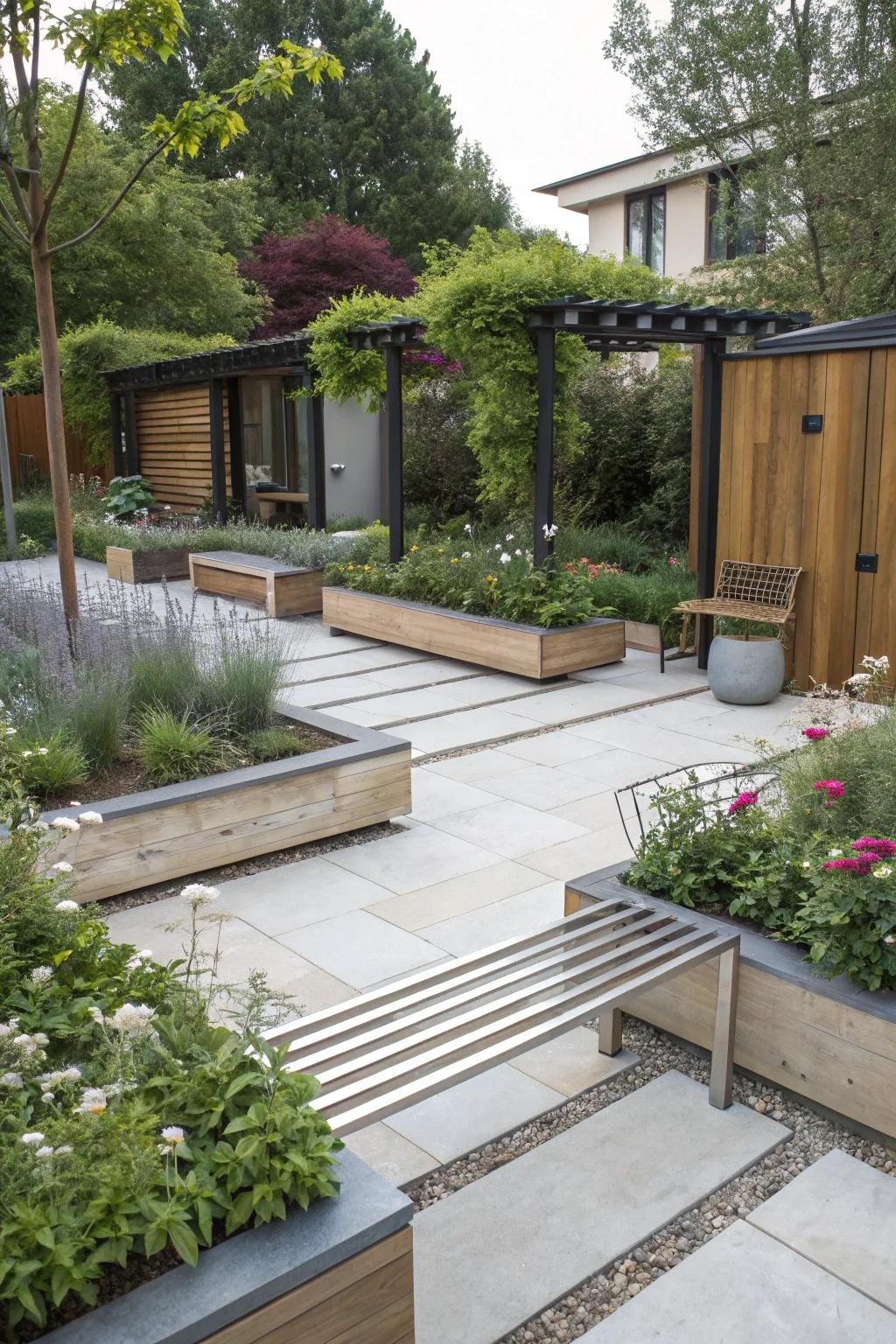 Limestone combined with wood and metal creates a modern garden vibe.