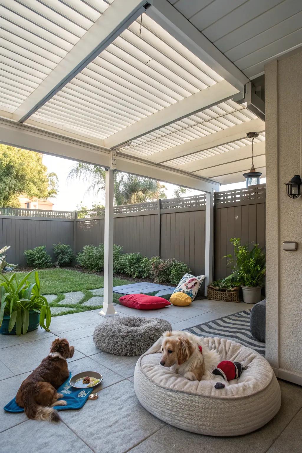 A welcoming pet-friendly area under a louvered cover.
