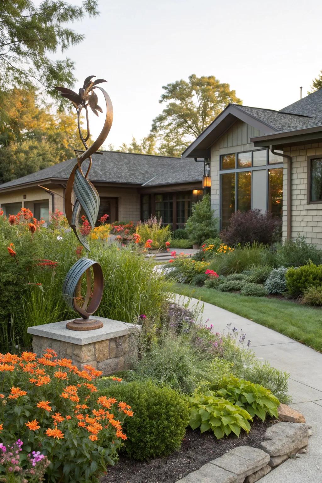 Outdoor art offers a lasting focal point with no maintenance.