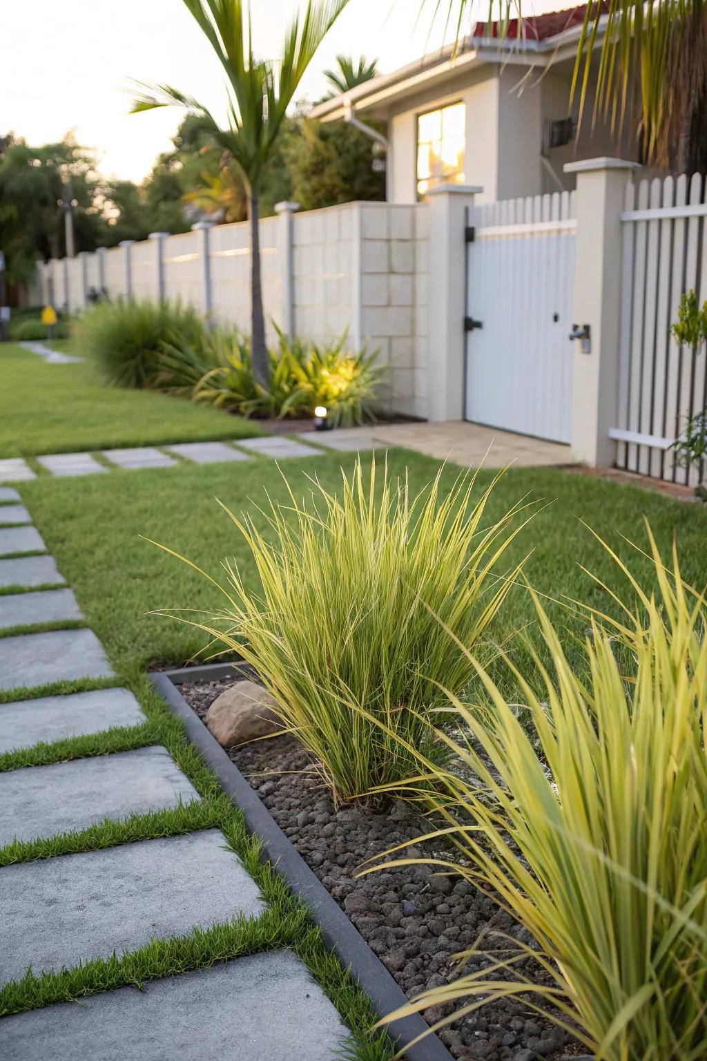 Ornamental Lemon Grass adds texture and movement to a tropical front yard with minimal upkeep.