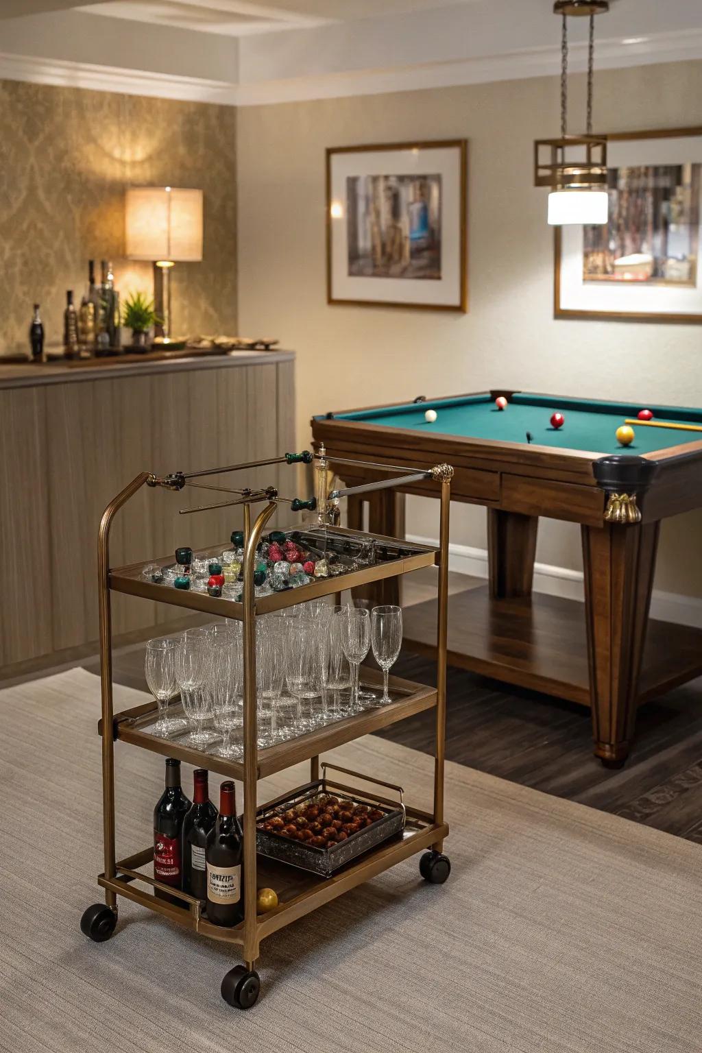 A bar cart offers a flexible and stylish way to serve refreshments.