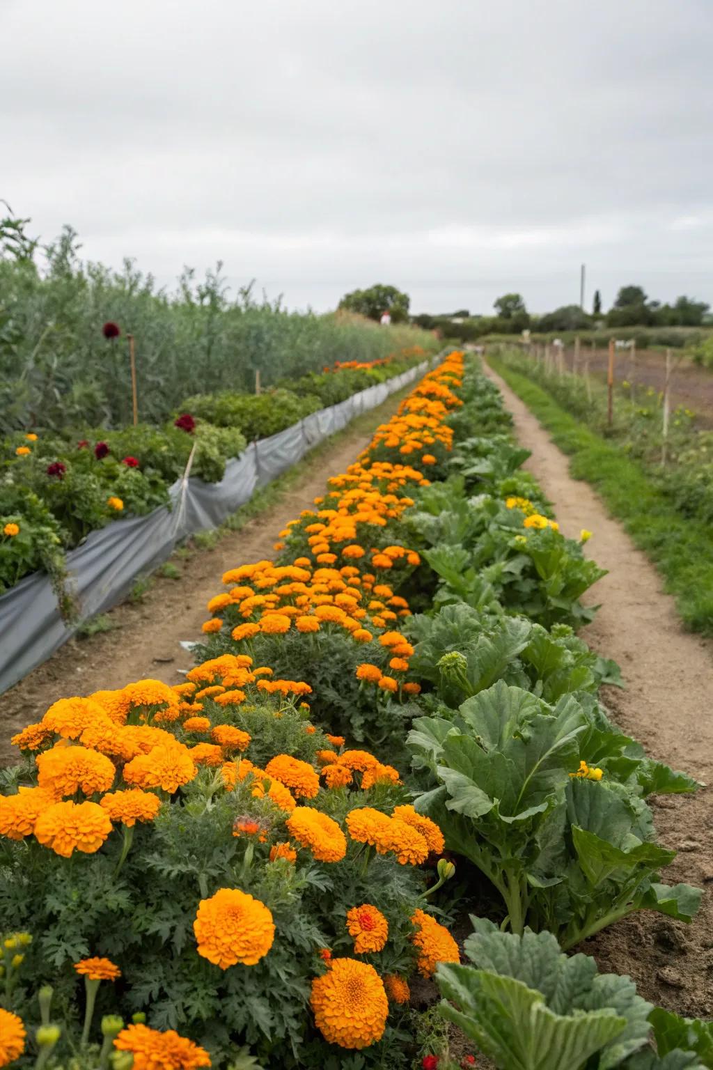 Marigolds offer natural pest control in a vegetable garden.