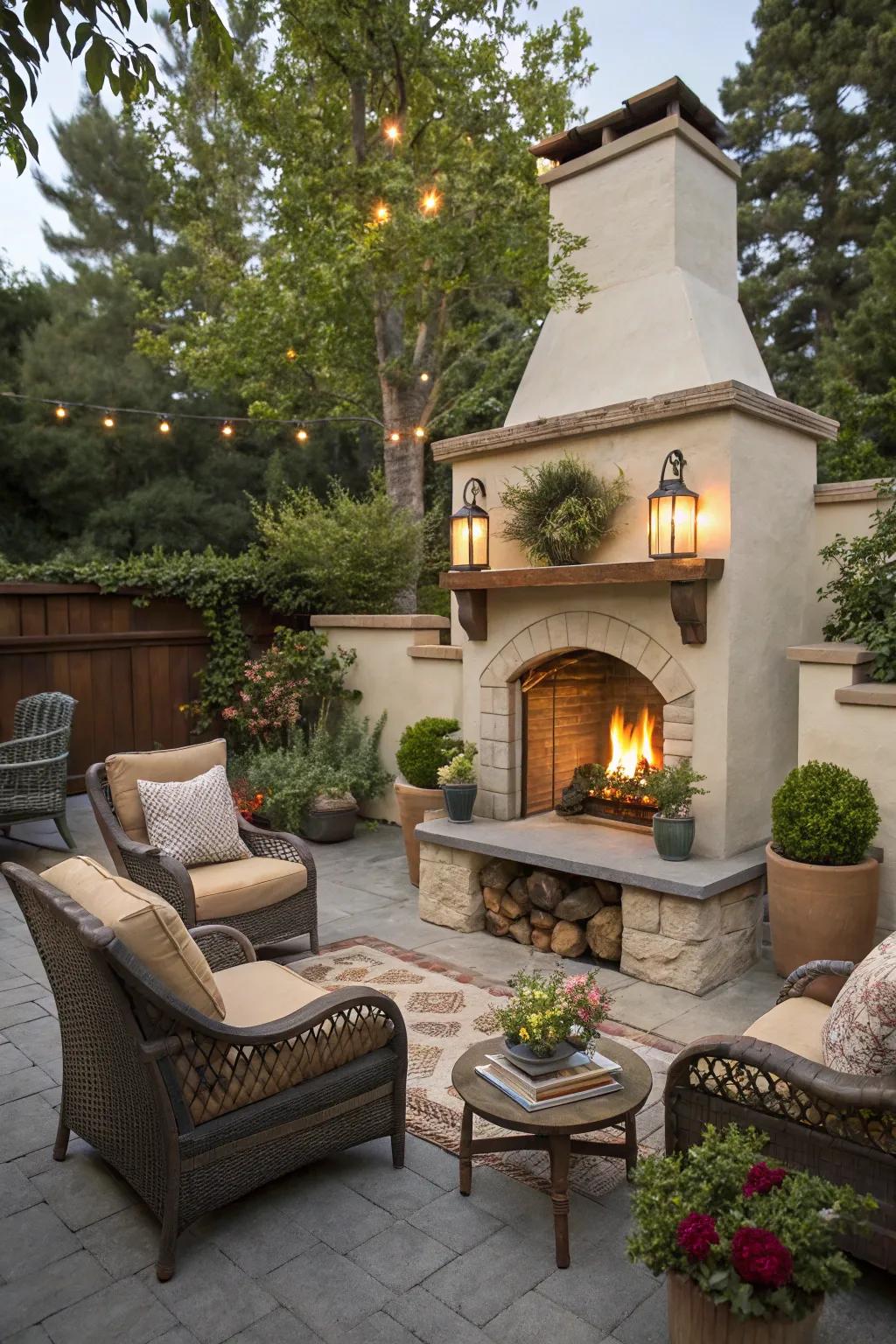 A fireplace nook provides warmth and coziness.