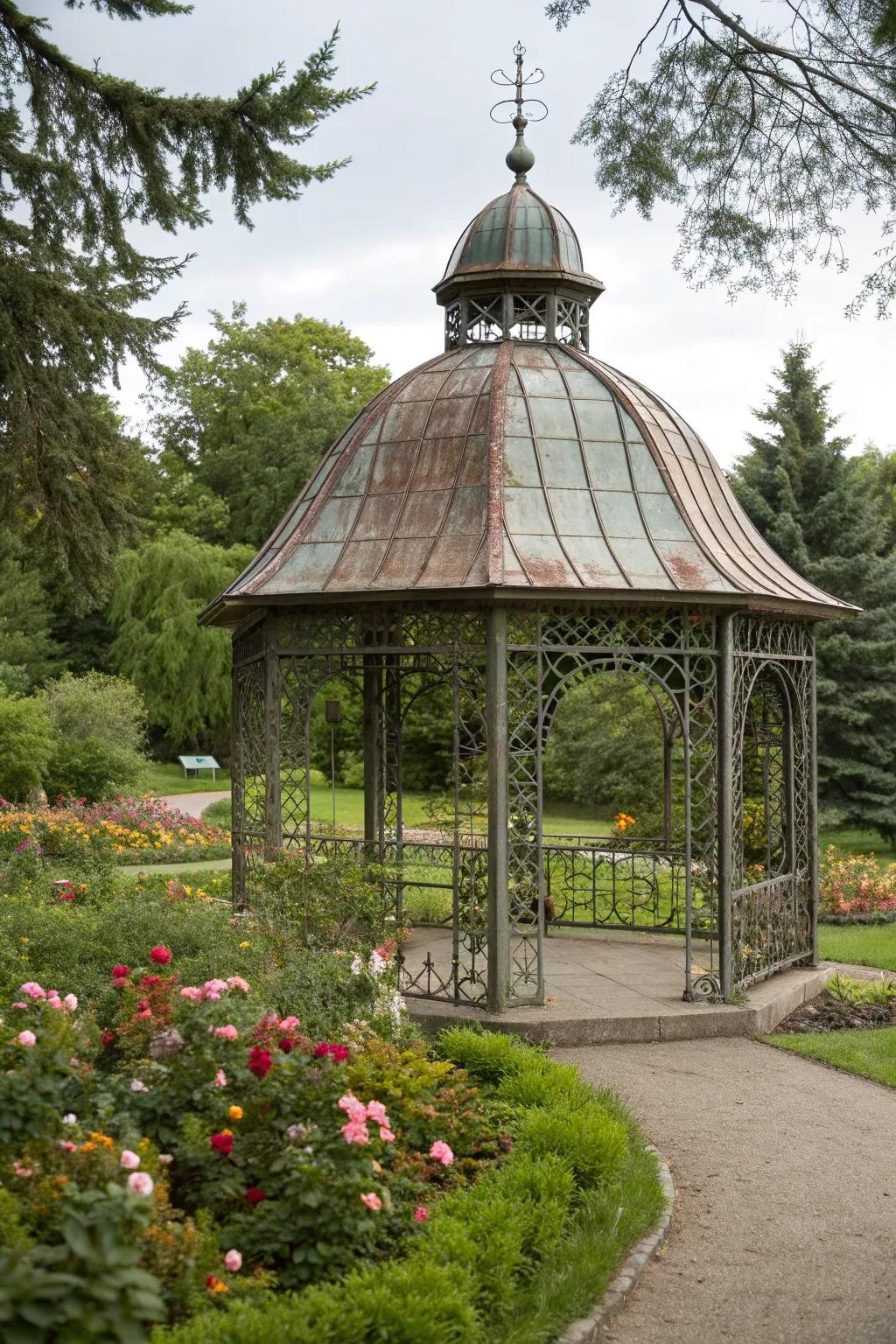 A bell-shaped roof adds distinctive character to gazebos.