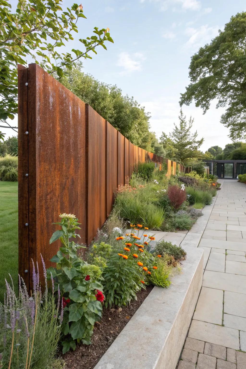 Weathered elegance with corten steel fencing.