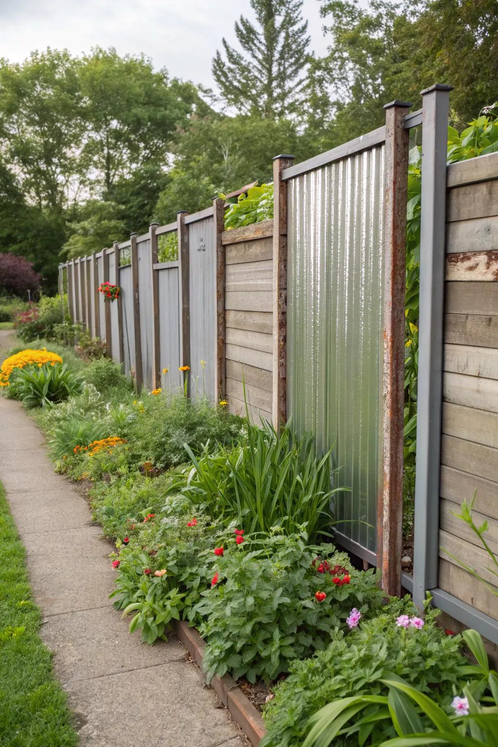 Sustainable garden with an eco-friendly recycled metal fence and metal posts.