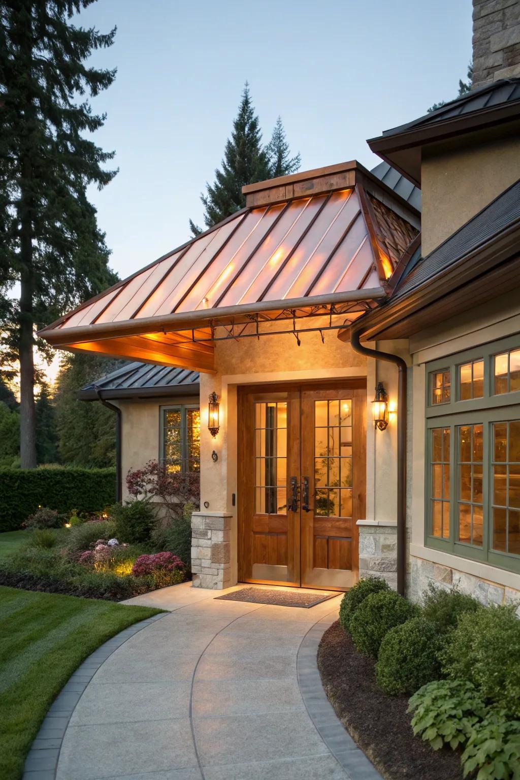 Copper finish awning for timeless warmth.