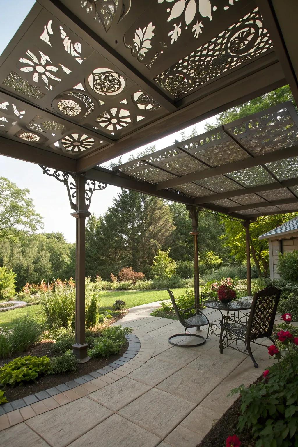 A patio with a metal roof that boasts an artistic touch.