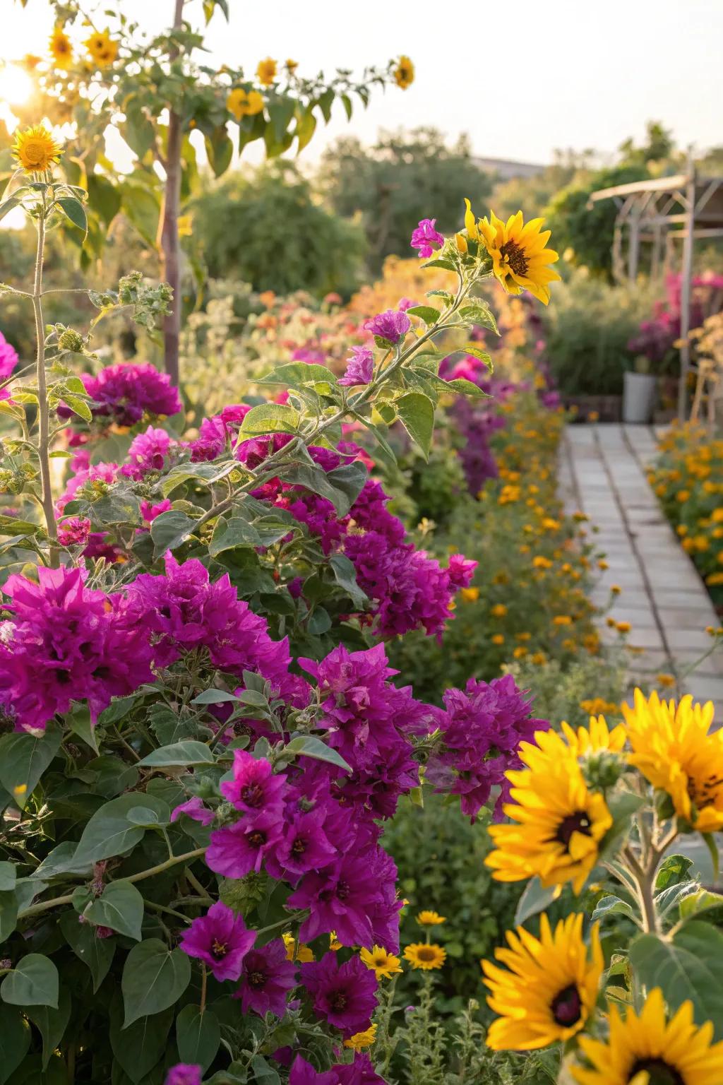 Vibrant bougainvillea and Mexican sunflowers adding color to the garden.