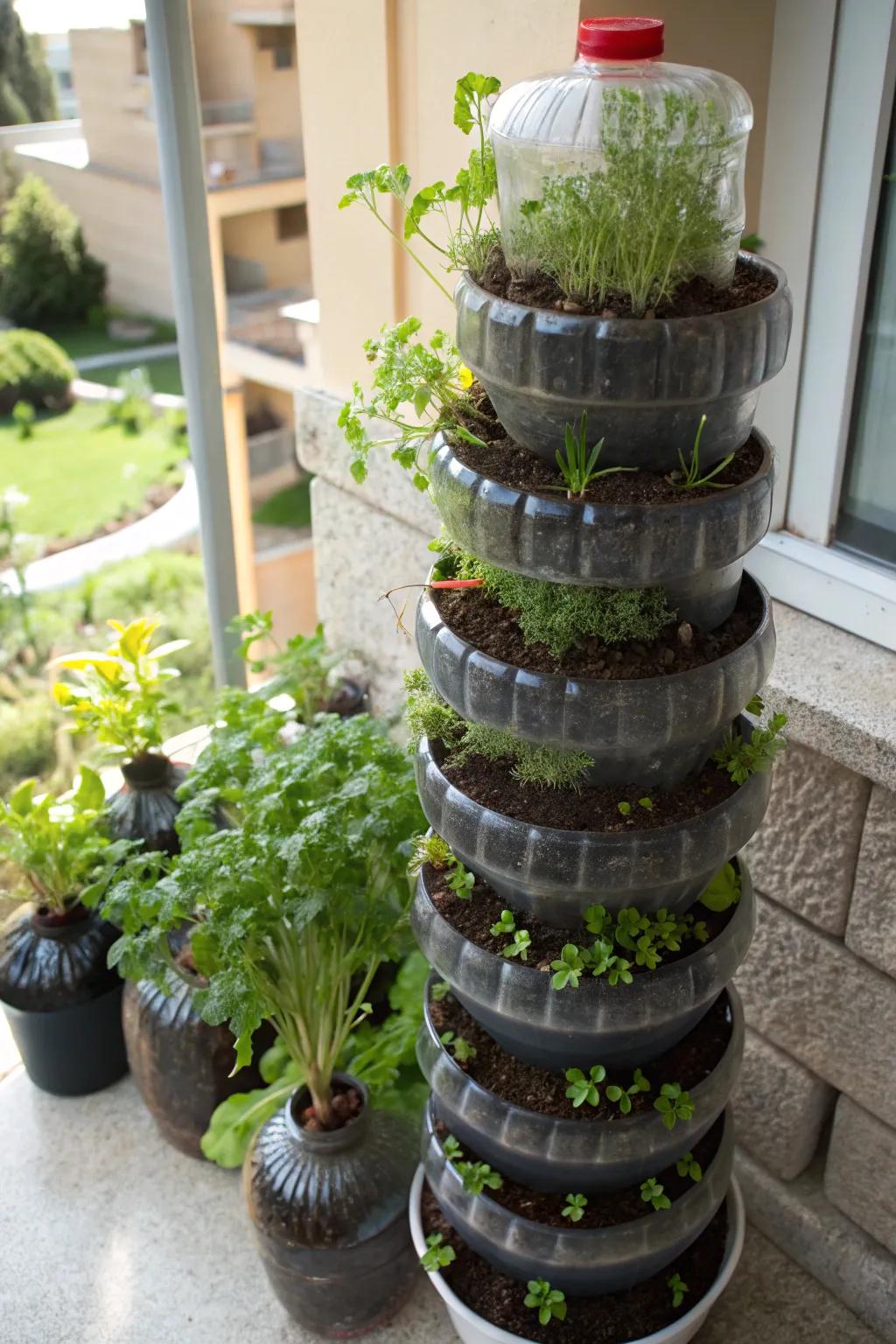 A tower garden made from stacked bottles, optimizing space and growth.