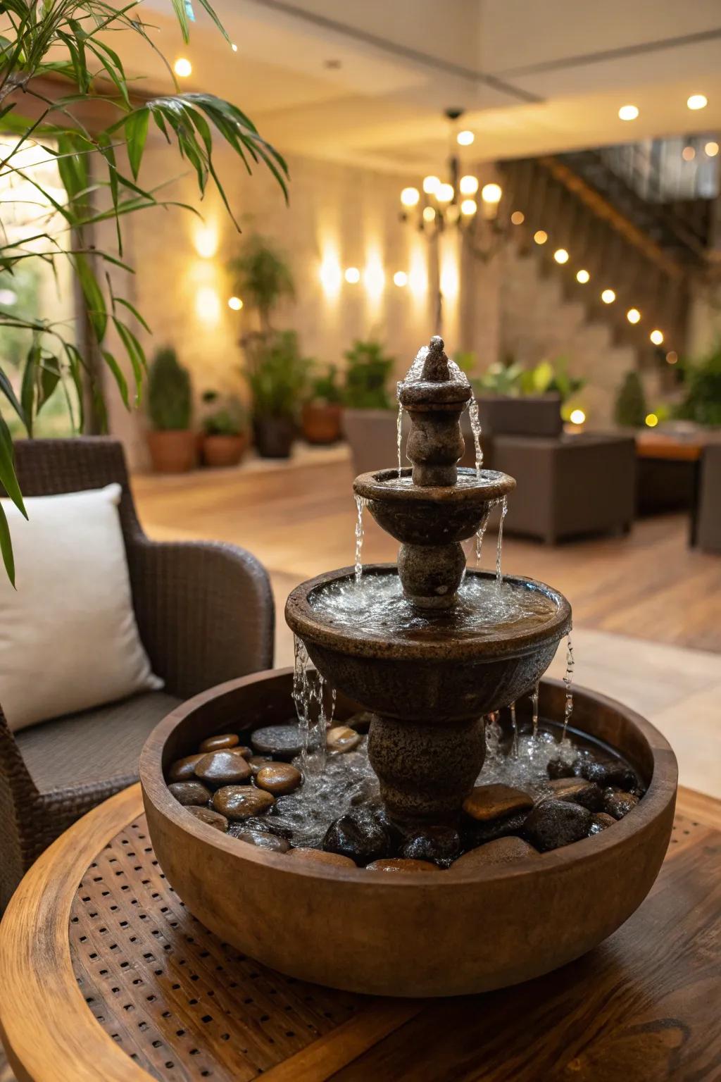 A small water feature adds tranquility to your home spa.