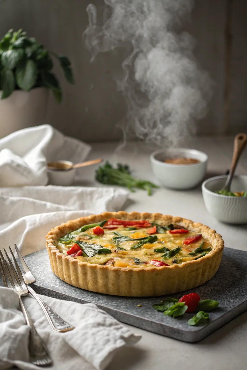 A savory mixed vegetable quiche fresh from the oven.