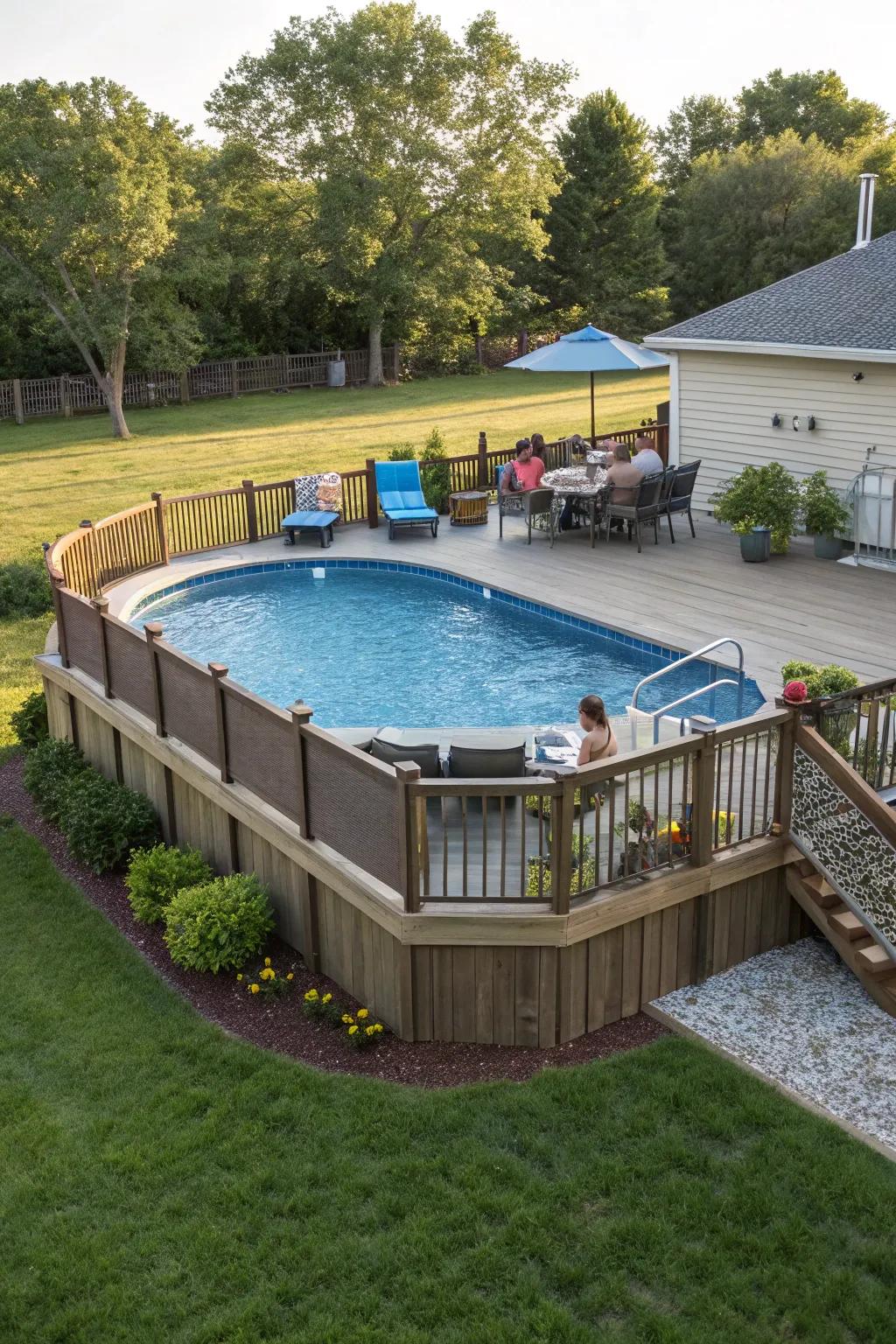An extended deck creates a perfect poolside entertaining area around this above-ground pool.