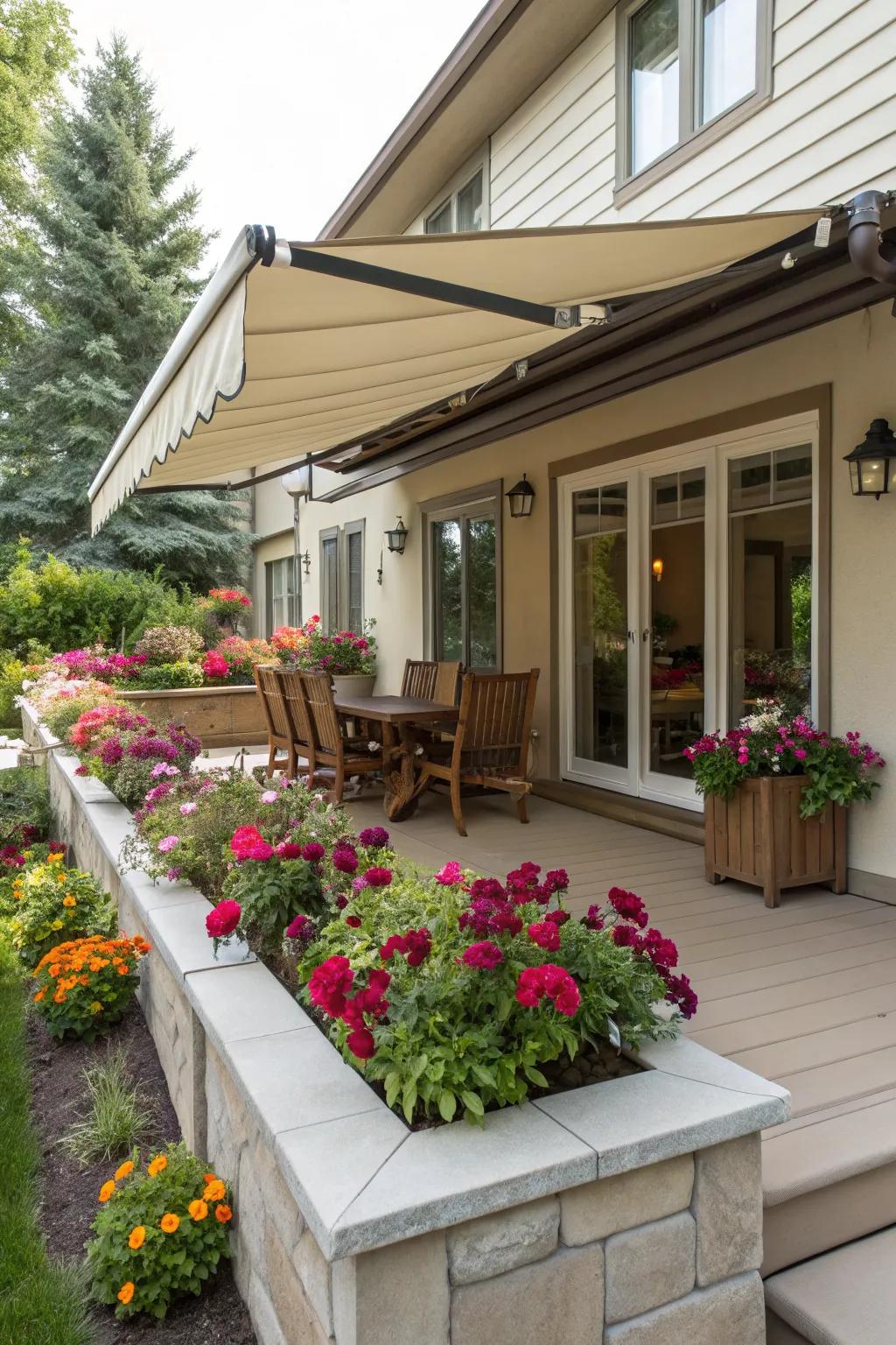 Awnings with integrated planters merge shade with lush greenery.