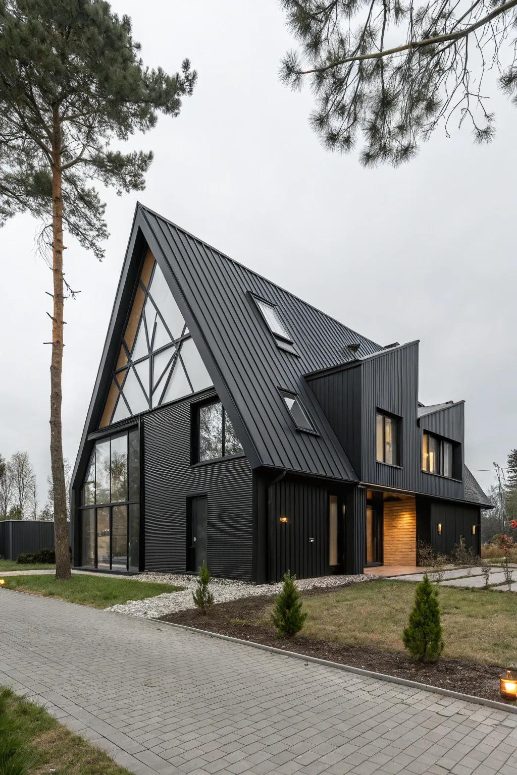 A modern dark house with striking geometric design features.