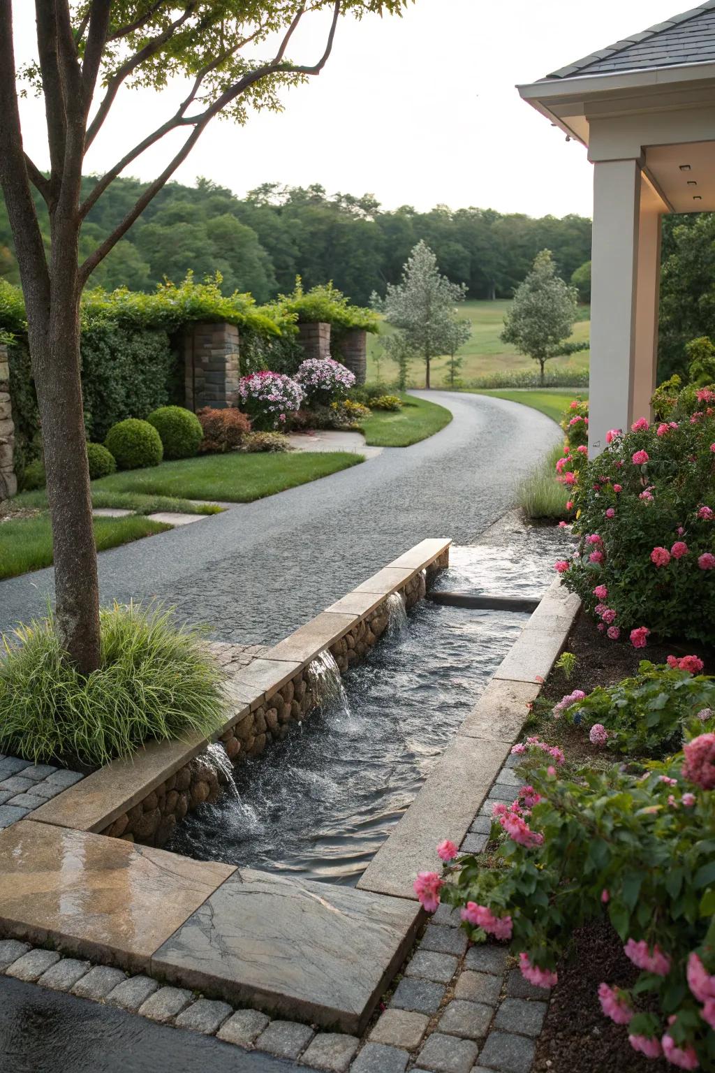 A driveway with an integrated water feature for tranquility.