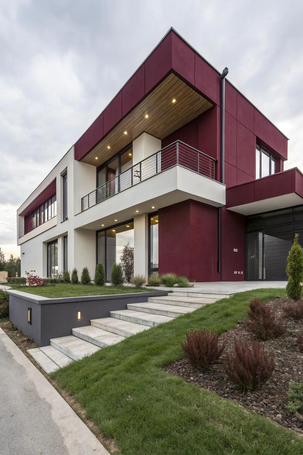 Burgundy elements offer a bold contrast.