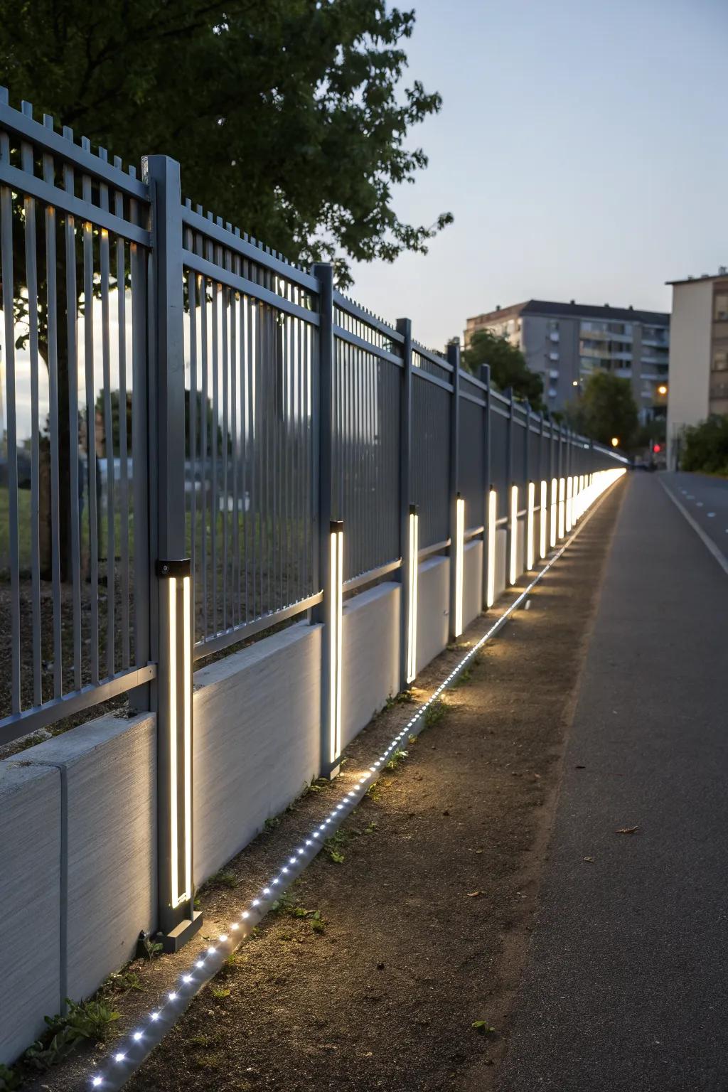 LED strips give a floating effect to a sleek, modern fence.