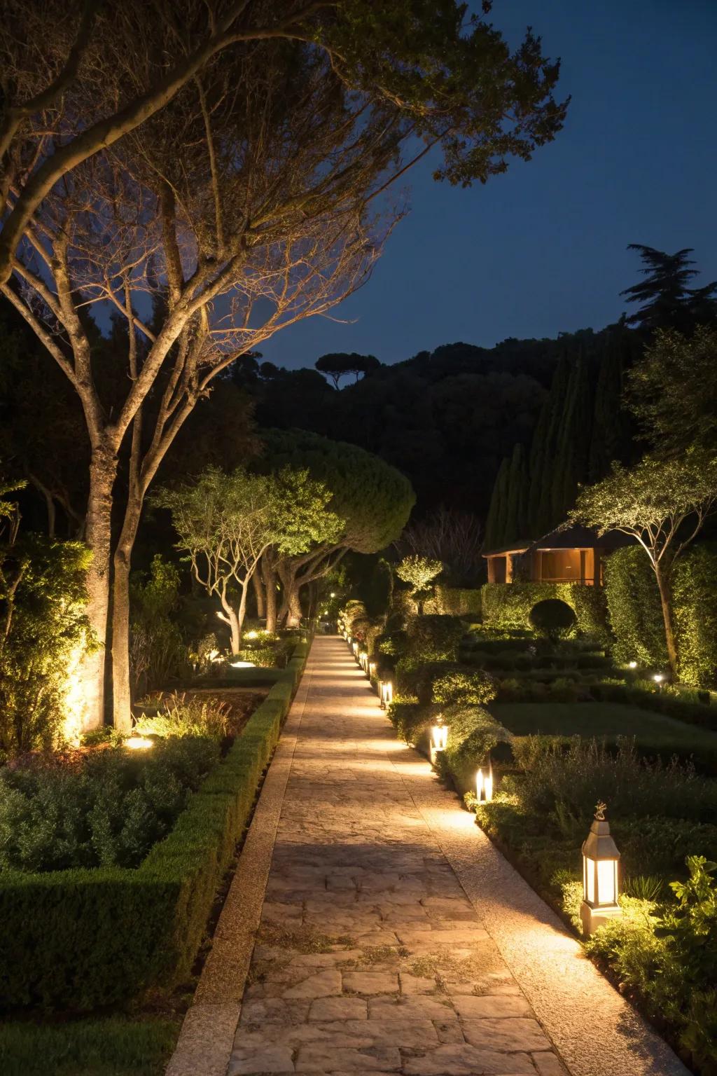 Soft garden lighting creates a magical atmosphere
