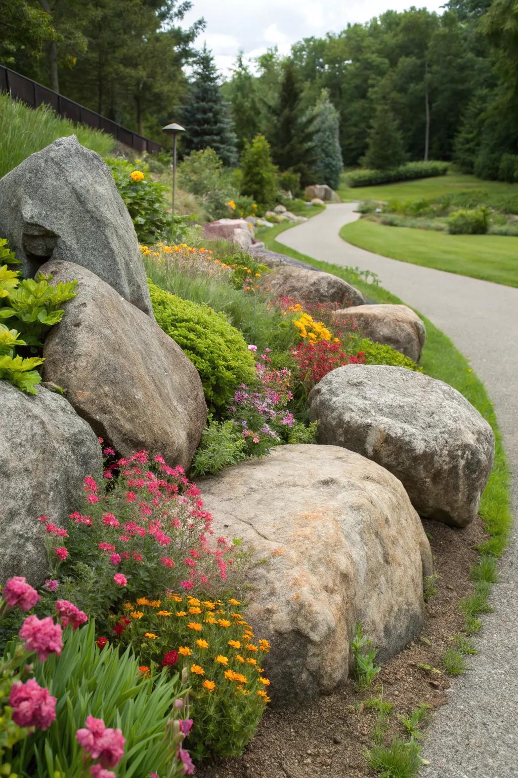 Bold boulders provide a striking and natural edge to garden spaces.