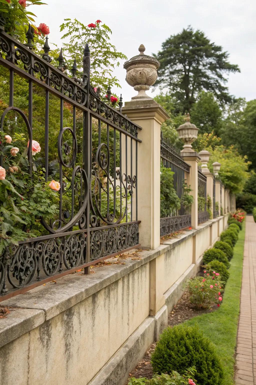 Wrought iron details provide classic elegance to garden walls.