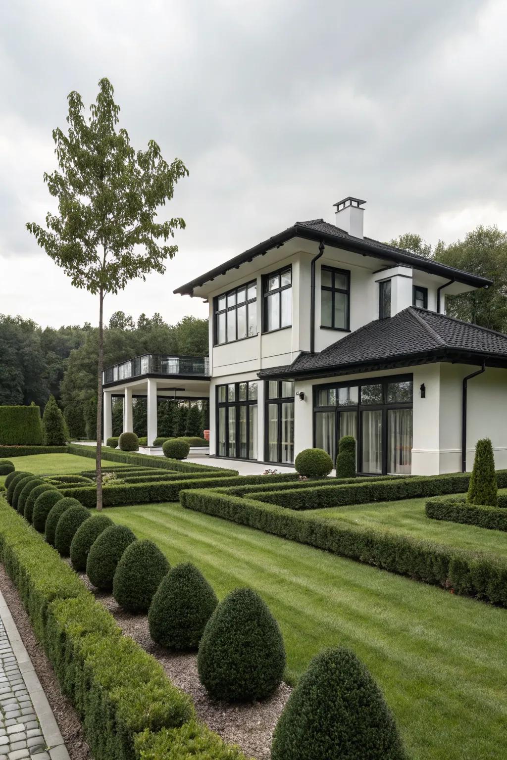 A modern house featuring a classic black and white color scheme.