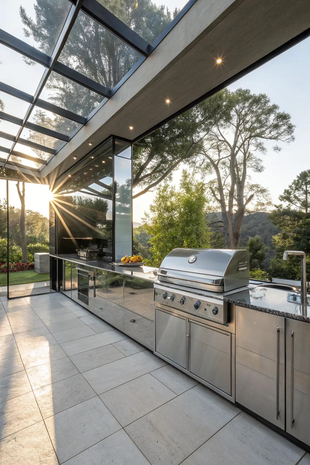 Reflective surfaces amplify light and openness in outdoor kitchen spaces.