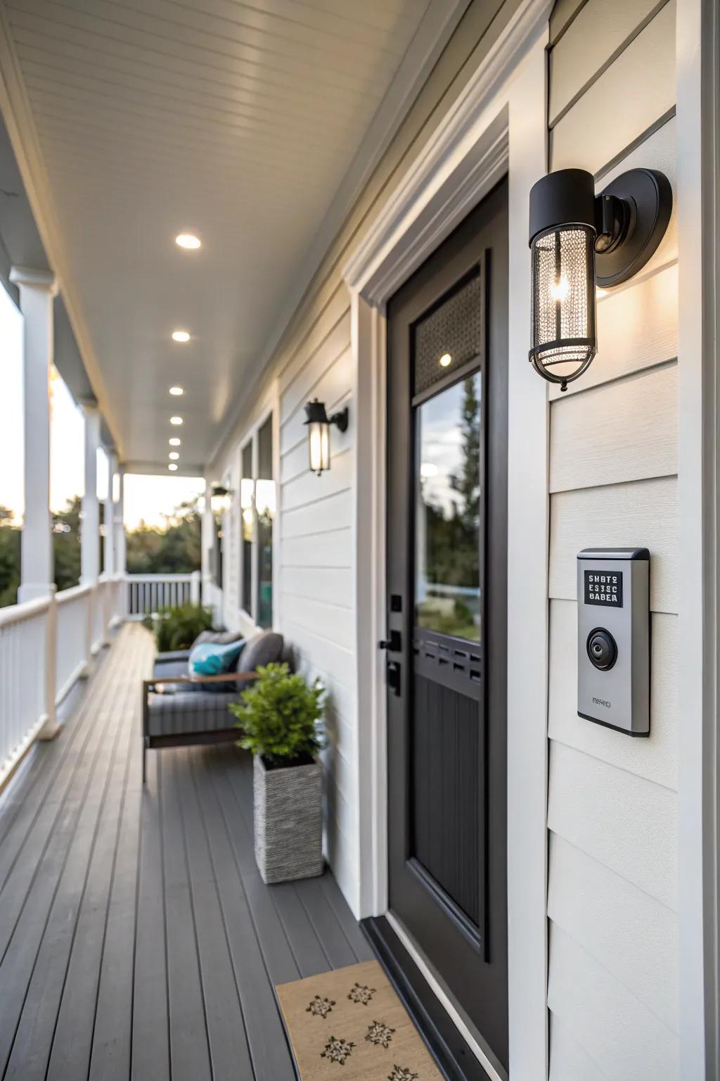 A modern porch with integrated smart technology.