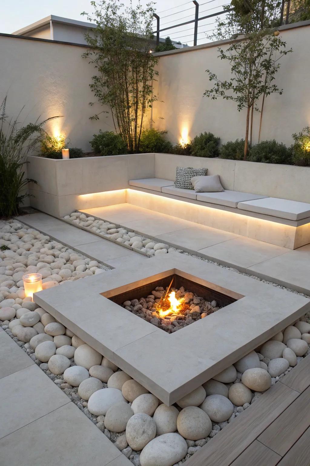 Neutral tones and simple lines create a modern minimalist sunken fire pit.